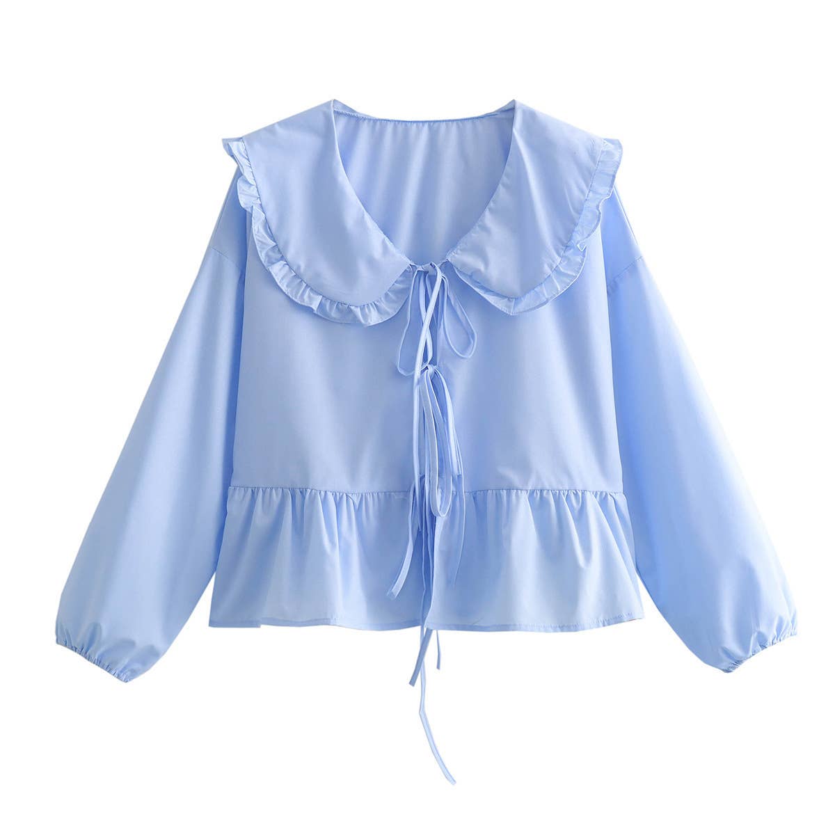 Oversized collar Ribbon Bow tied front Peplum Blouse: White / S