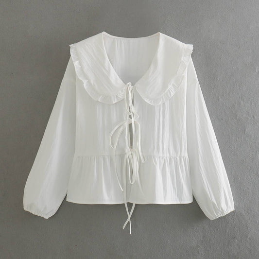 Oversized collar Ribbon Bow tied front Peplum Blouse: White / S
