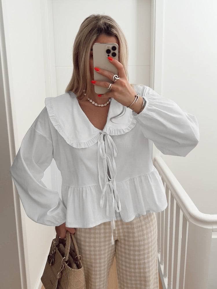 Oversized collar Ribbon Bow tied front Peplum Blouse: White / M