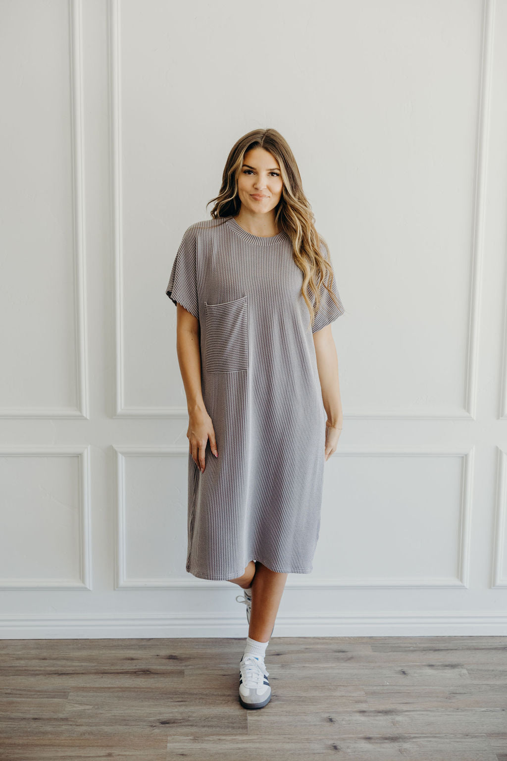 The Lou T-shirt Dress in Charcoal Stripe For His Glory Boutique The Lou T-shirt Dress in Charcoal Stripe For His Glory Boutique