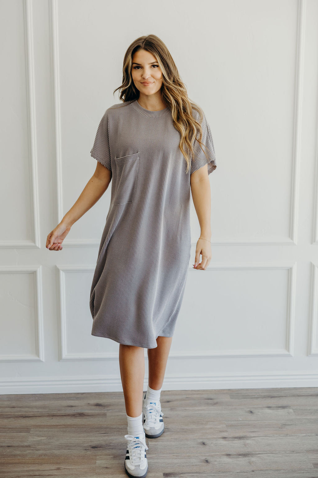 The Lout T-shirt Dress in Charcoal Stripe