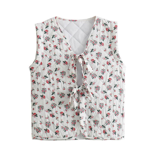 Little Rose Floral Ribbon Bow Tie Front Quilted Vest: Floral / XS