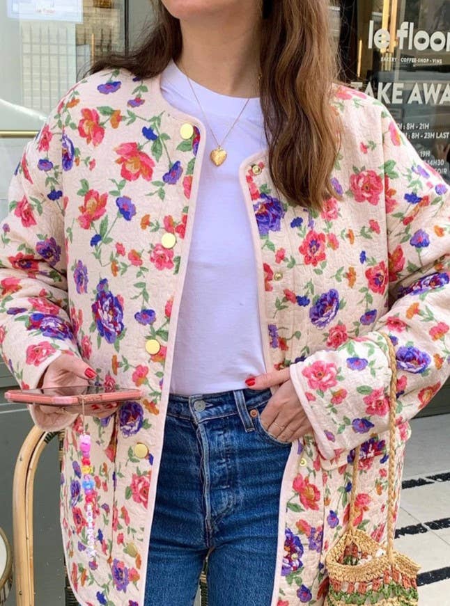 Pockets Contrasting Chic Printed Quilted Jacket: Pink / L
