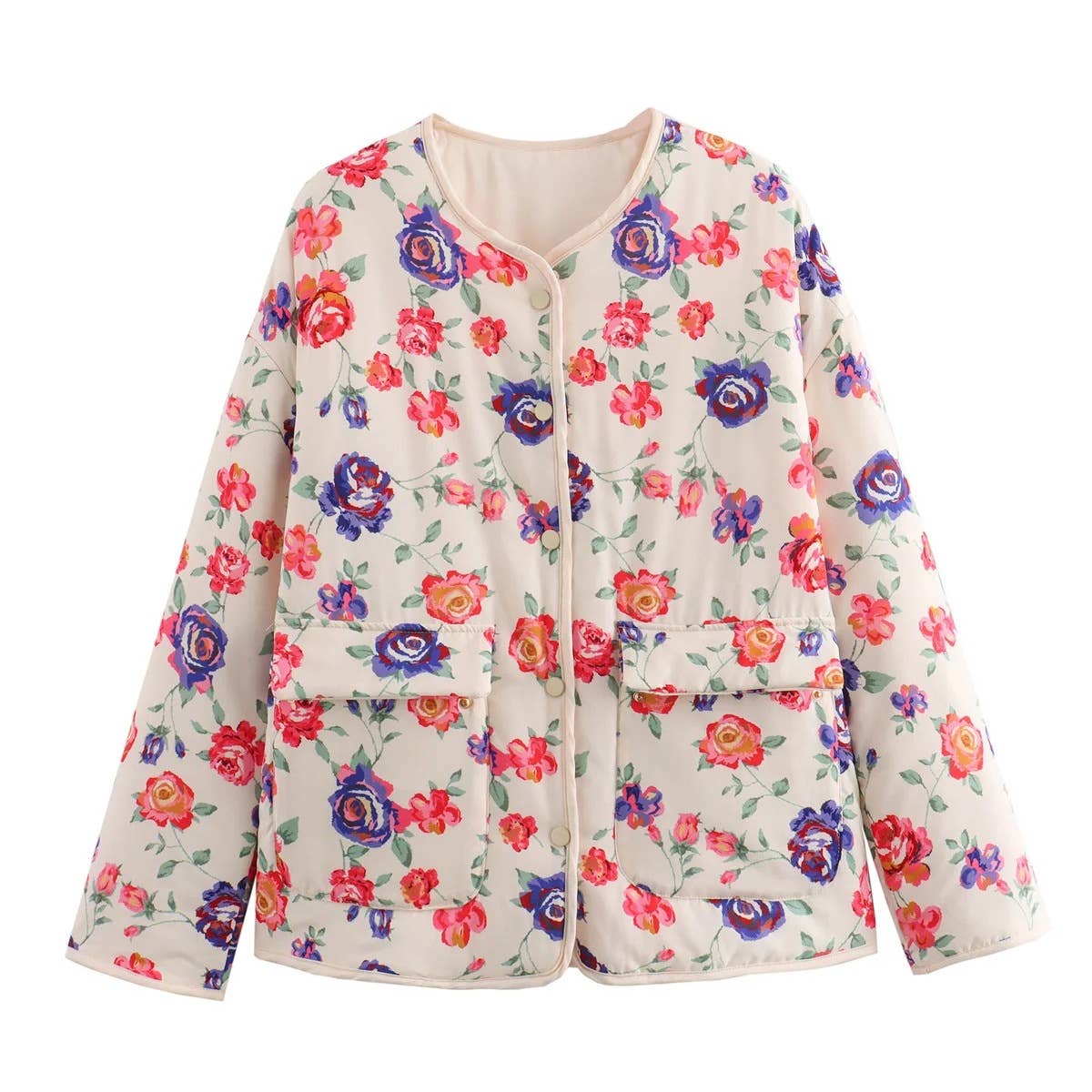 Pockets Contrasting Chic Printed Quilted Jacket: Pink / L