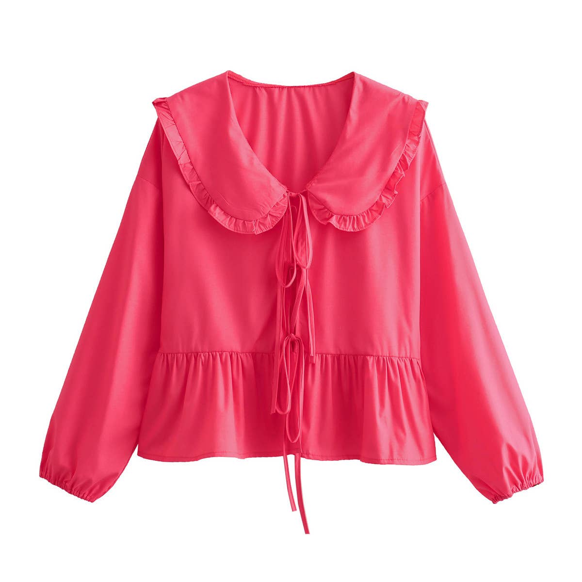 Oversized collar Ribbon Bow tied front Peplum Blouse: White / M