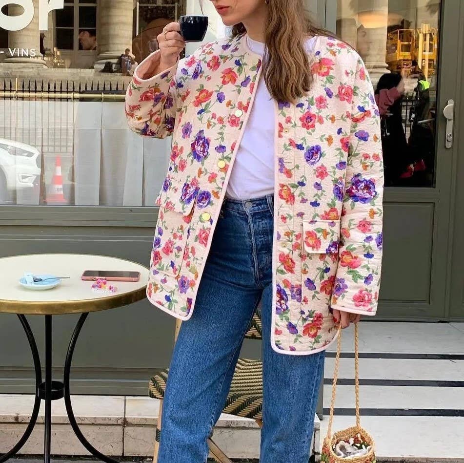 Pockets Contrasting Chic Printed Quilted Jacket: Pink / L