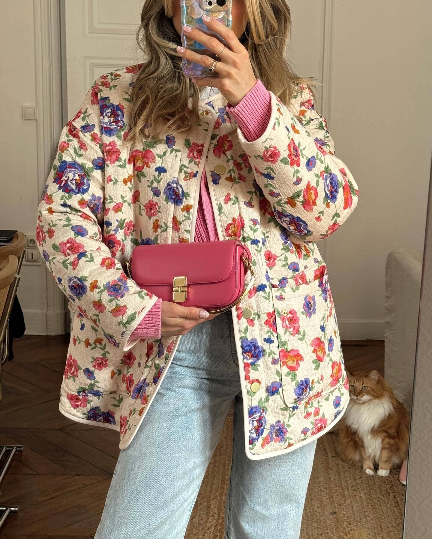 Pockets Contrasting Chic Printed Quilted Jacket: Pink / L