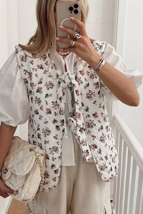 Little Rose Floral Ribbon Bow Tie Front Quilted Vest: Floral / XS